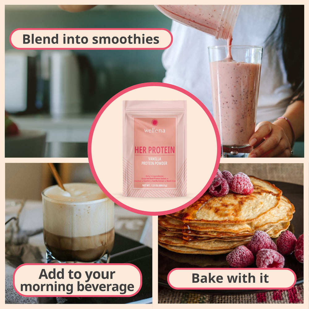 Wellena Her Protein texture image conveys zero grit and a smooth shake.