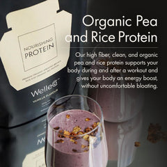 WelleCo ingredient bowl shows pea and rice protein blends with fiber.