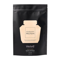 WelleCo vegan protein powder front label highlights gluten free plant based nutrition for energy.
