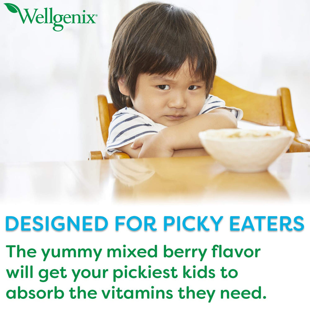 Ingredients list for Wellgenix Balanced Essentials Liquid Kids Vitamin Berry flavor