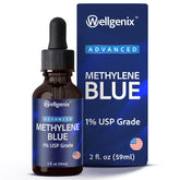 Front view of Wellgenix Methylene Blue Drops 1% USP Grade in amber glass bottle