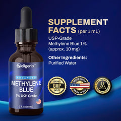 Product label displaying ingredients and dosage on Wellgenix Methylene Blue Drops bottle