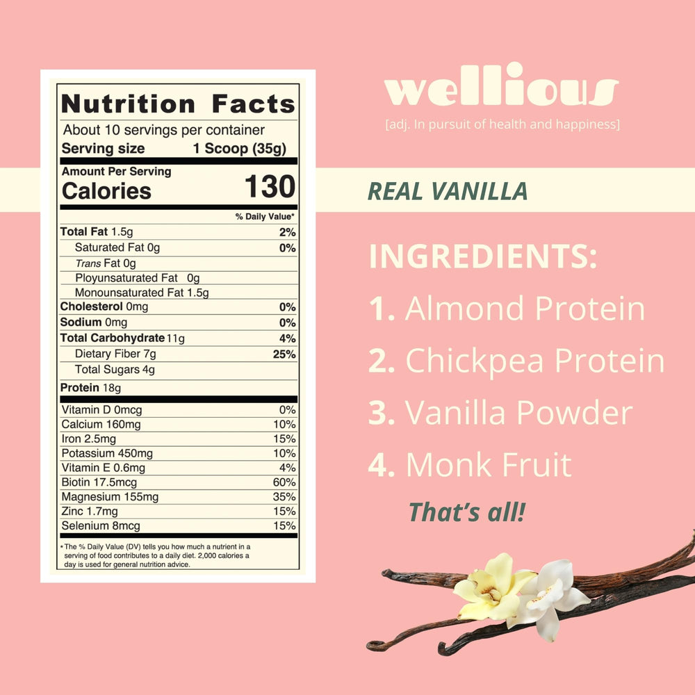 Wellious Vanilla Almond Protein Powder tub on countertop