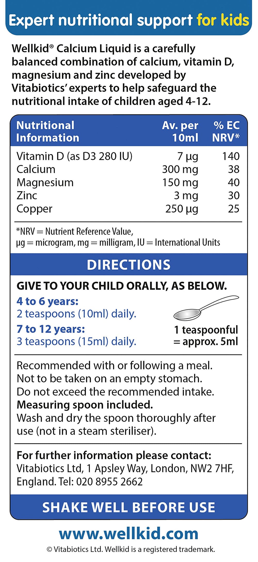 Nutrient list showing Calcium, Magnesium, Zinc and Vitamin D on Wellkid label