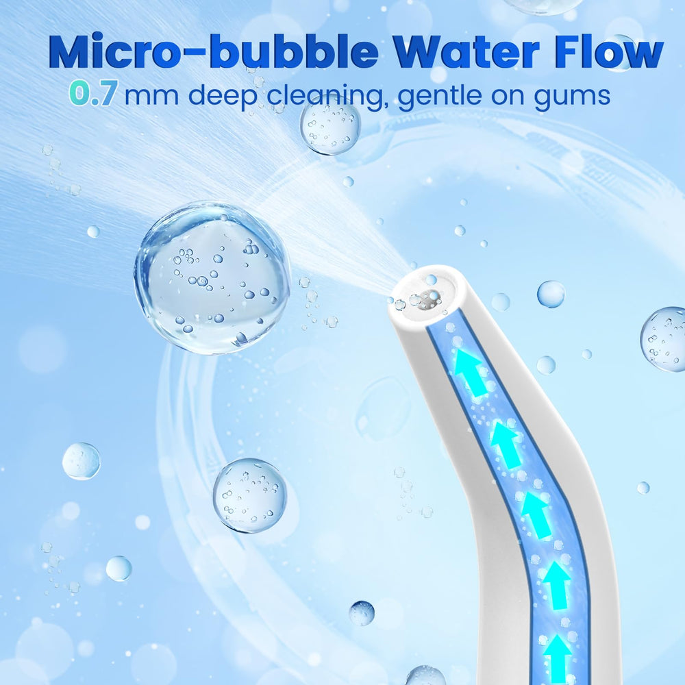 WellLeo Water Flosser with 5 interchangeable jet tips presented