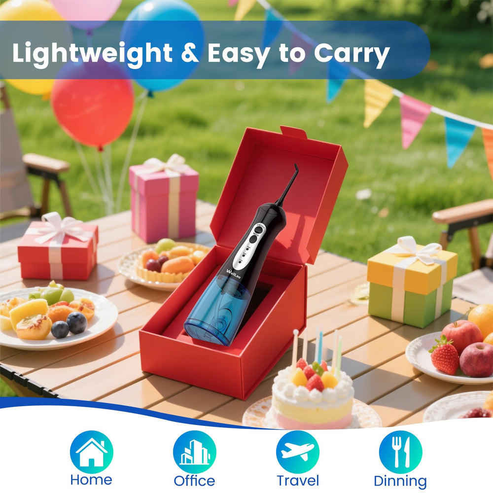 WellLeo Water Flosser contents: device, USB cable, tips, manual