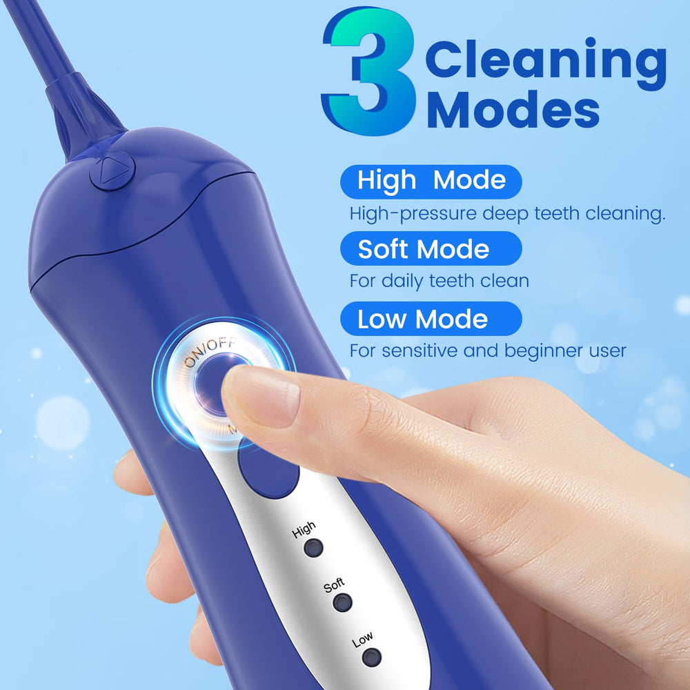 Close-up of WellLeo Water Flosser in use showing portable design