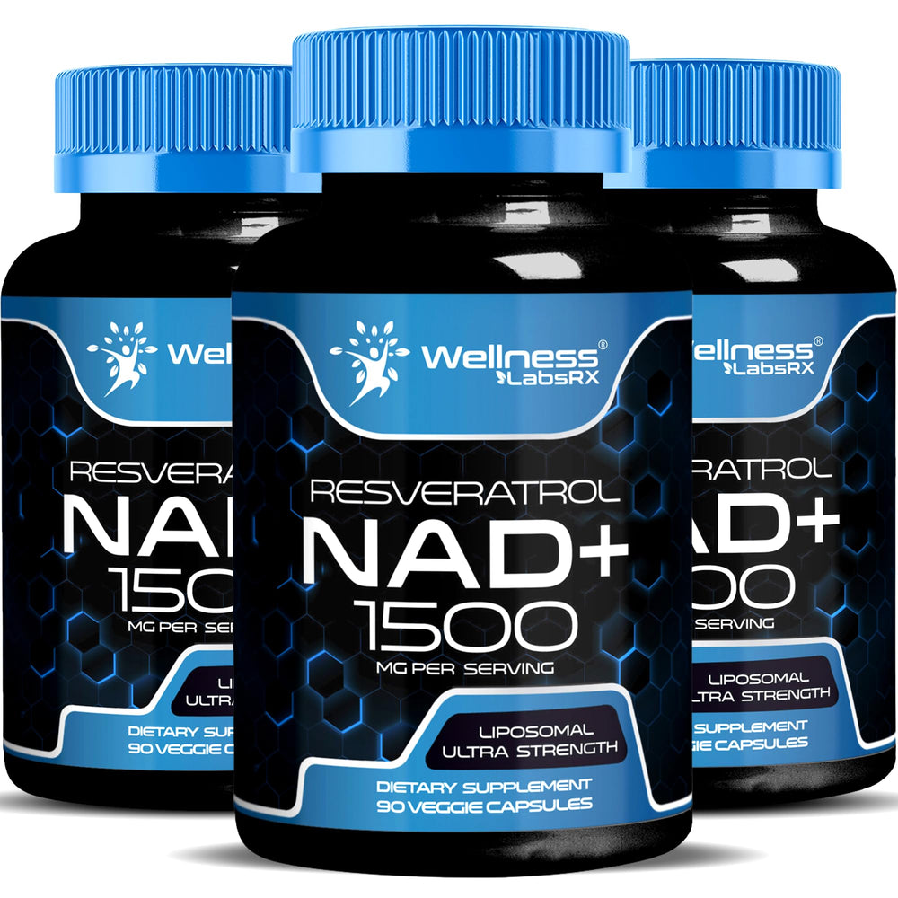 WELLNESS LABSRX NAD Supplement bottle label showing 1500mg liposomal NAD+ with resveratrol