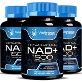 WELLNESS LABSRX NAD Supplement bottle label showing 1500mg liposomal NAD+ with resveratrol