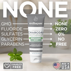 Wellnesse 4 oz charcoal toothpaste packaging on bathroom counter
