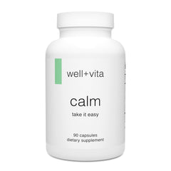 Well+vita Calm bottle with 90 veggie capsules on white background