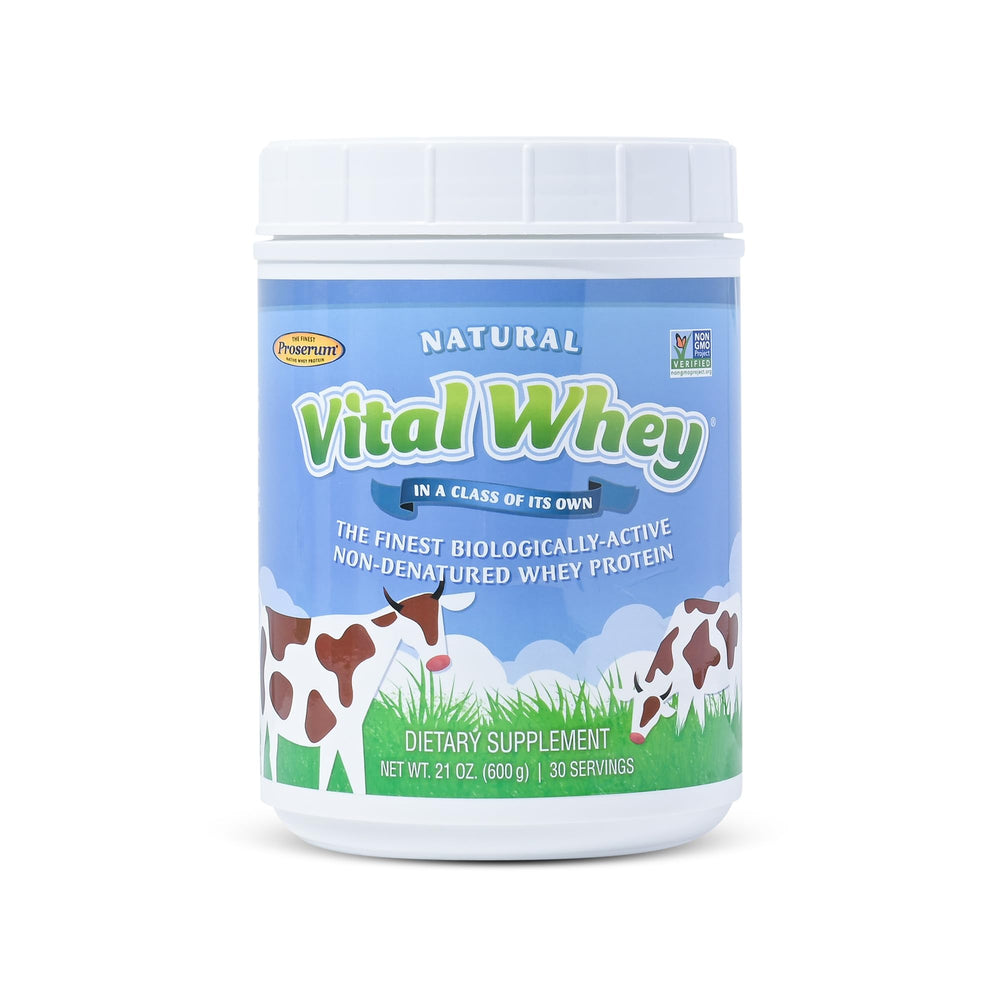 Well Wisdom Proteins Vital Whey bottle closeup suggests clean energy for workouts and daily vitality.