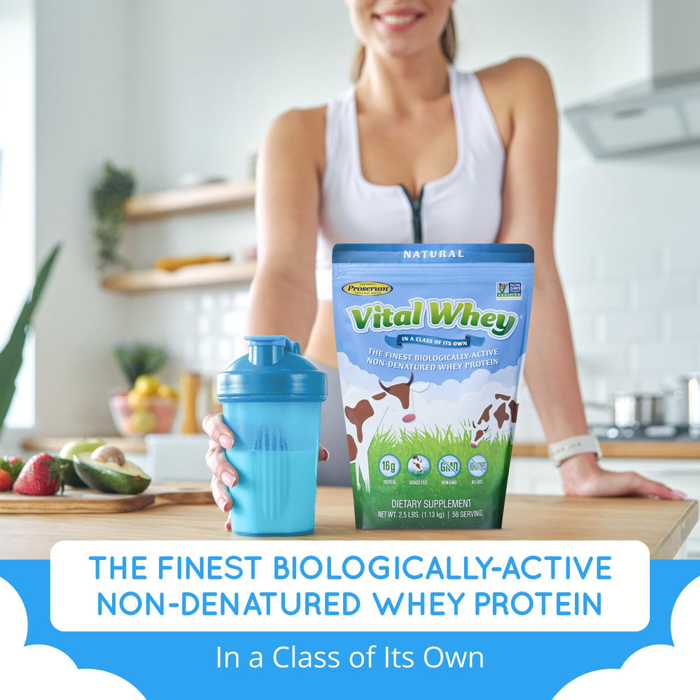 Well Wisdom Proteins Vital Whey container emphasizes grass-fed origins and high-quality protein per serving.