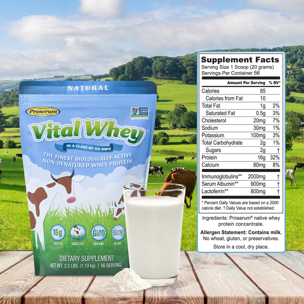 Well Wisdom Proteins Vital Whey natural flavor glass conveys tasty, versatile supplement for any time.