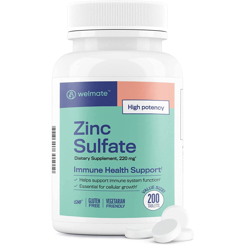 Front view of Welmate Zinc Sulfate 220 mg bottle