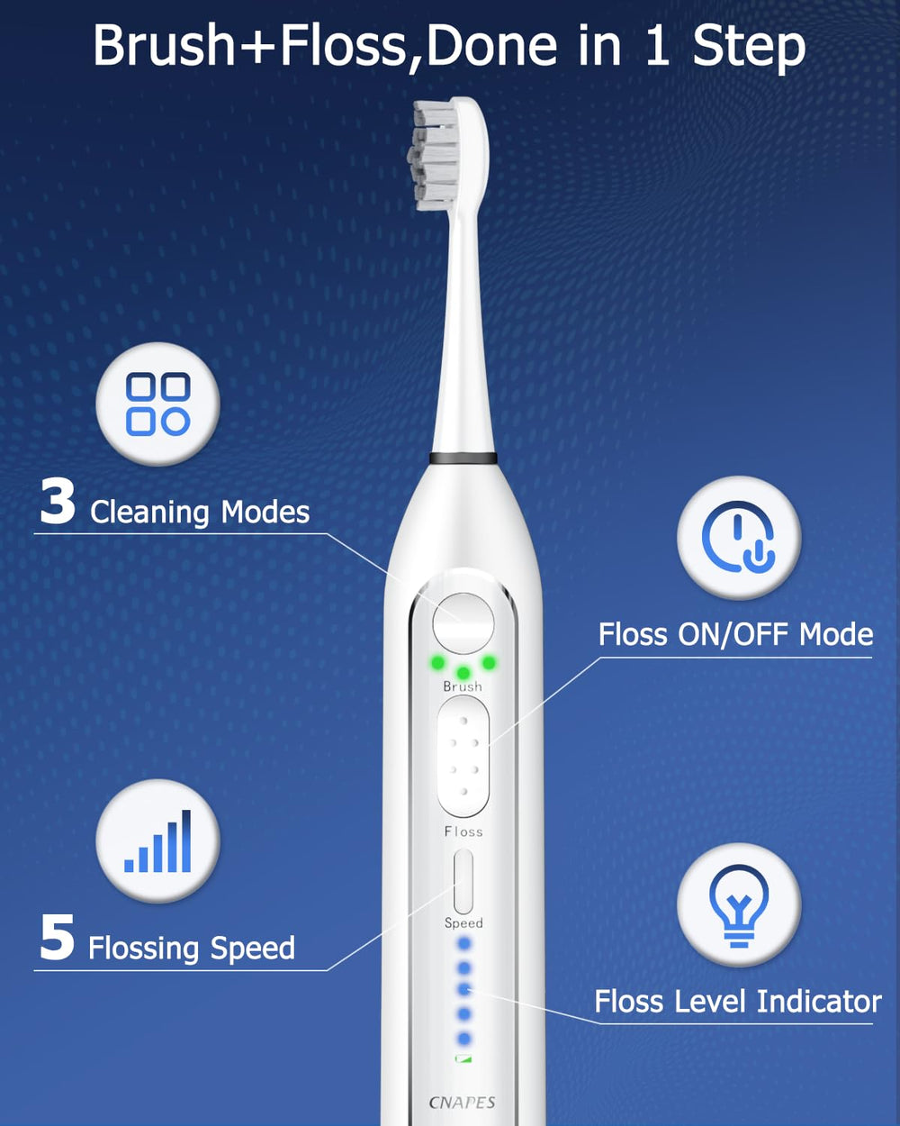 Contents include toothbrush, water reservoir, replacement heads, manual, case, and charger
