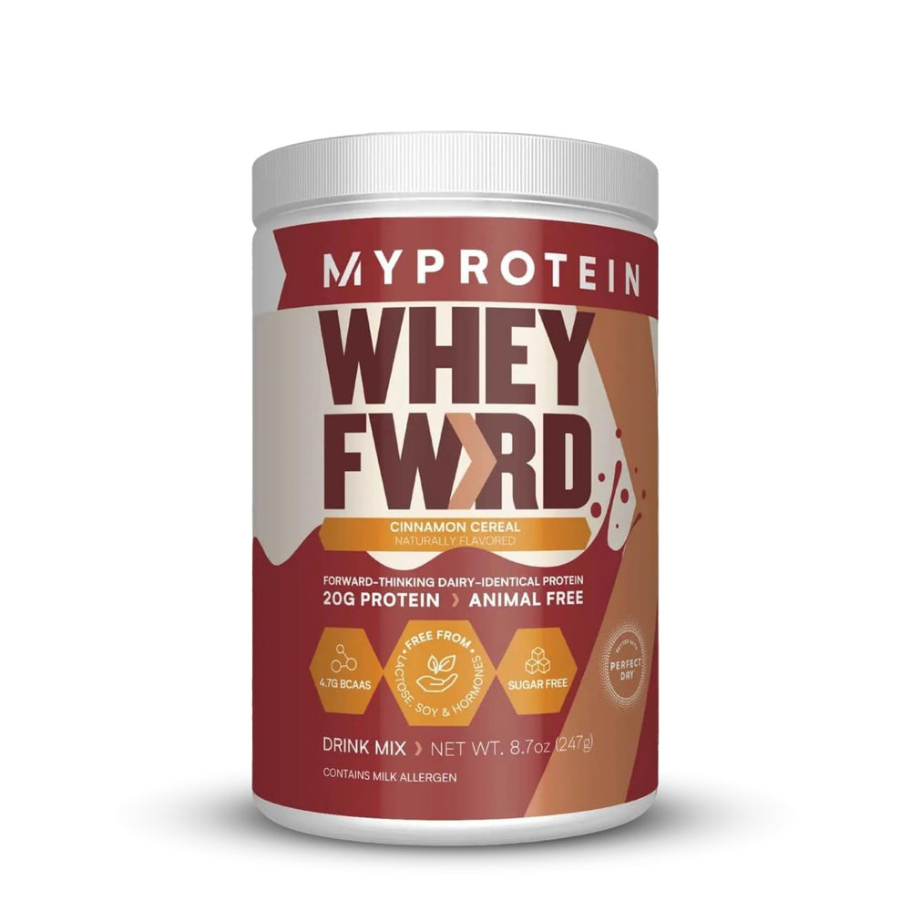 Front view of Whey Forward Cinnamon Cereal protein powder tub (1.09 lbs)