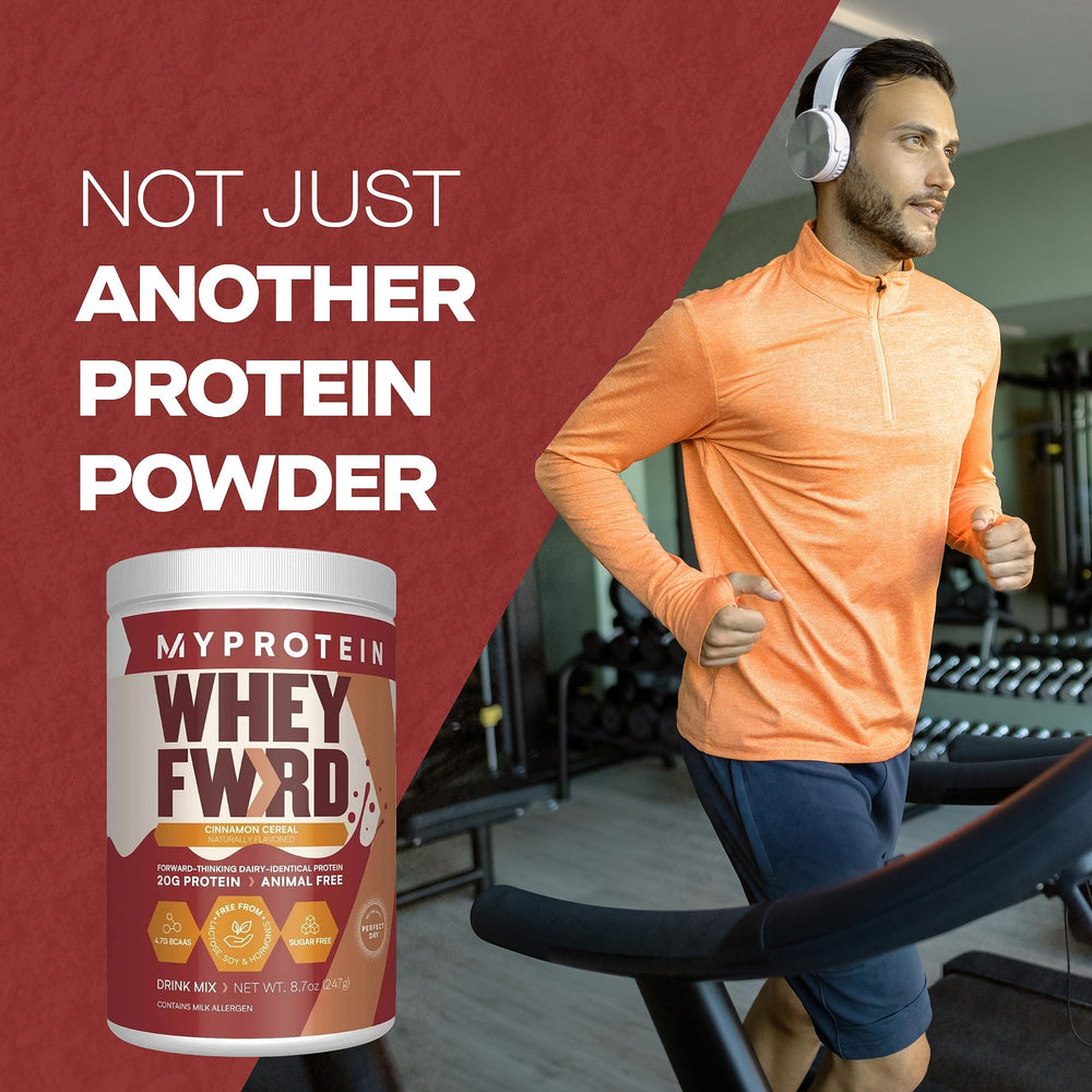 Close-up of Cinnamon Cereal flavor label on Whey Forward tub