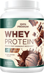 Chocolate whey protein powder bottle, 24g protein per serving, gluten-free