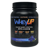 WheyUP Clear Whey Isolate blue raspberry bottle highlights juice-style protein for pre-workout energy