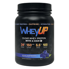 WheyUP Clear Whey Isolate blue raspberry bottle highlights juice-style protein for pre-workout energy