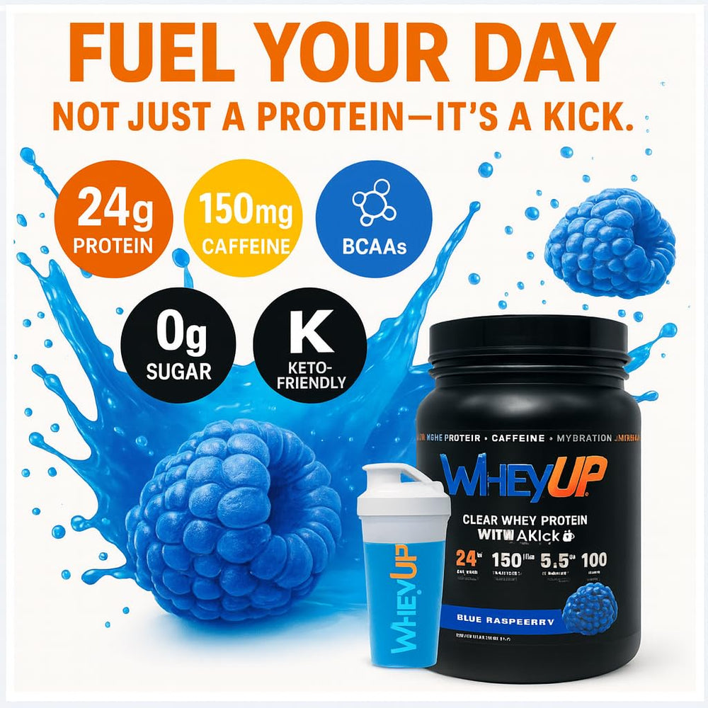 WheyUP Clear Whey Isolate blue raspberry pour captures quick-mix, caffeine-fueled hydration on the go