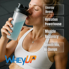 WheyUP Clear Whey Isolate nutrition label shows 24g protein and 150mg caffeine per serving