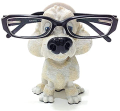 Front view of White Poodle eyeglass holder stand