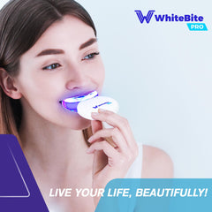 User using Whitebite Pro at home for whitening