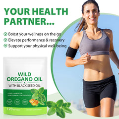 Two softgels showcasing the oregano and black seed oil blend