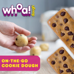 Whoa Dough bar on-the-go image highlights snack anytime, anywhere.