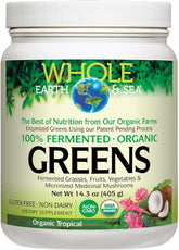 Front view of Whole Earth & Sea Organic Fermented Greens Tropical 14.3 oz bottle