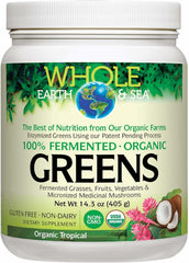Front view of Whole Earth & Sea Organic Fermented Greens Tropical 14.3 oz bottle