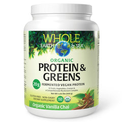 Front view of Whole Earth & Sea Vanilla Chai Organic Fermented Protein & Greens bottle, 1 lb 7 oz.