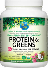 Hero image of Whole Earth & Sea Tropical vegan protein and greens powder in 1lb 7.3oz packaging.
