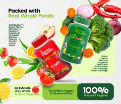 Illustration of whole fruits and vegetables used in the capsules