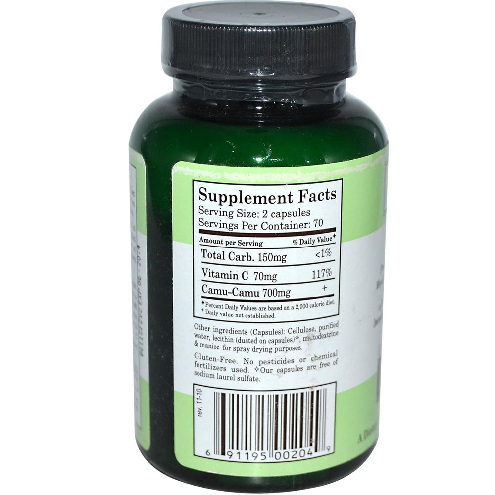 Close-up of vegetable capsules containing Camu-Camu powder