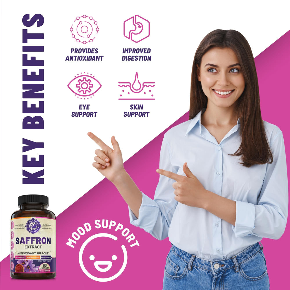 WHOLE WORLD WELLNESS saffron capsules closeup highlights daily use and memory support