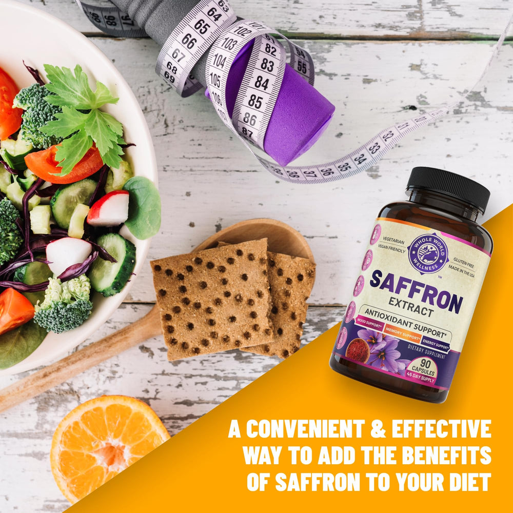 WHOLE WORLD WELLNESS saffron extract label detail emphasizing purity and quality