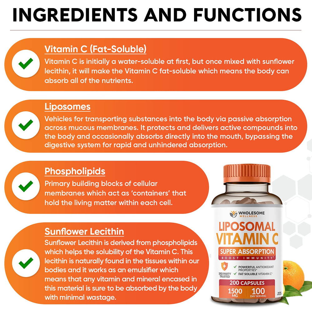 Wholesome Wellness liposomal vitamin C capsules ingredients sunflower lecithin for liposome absorption.