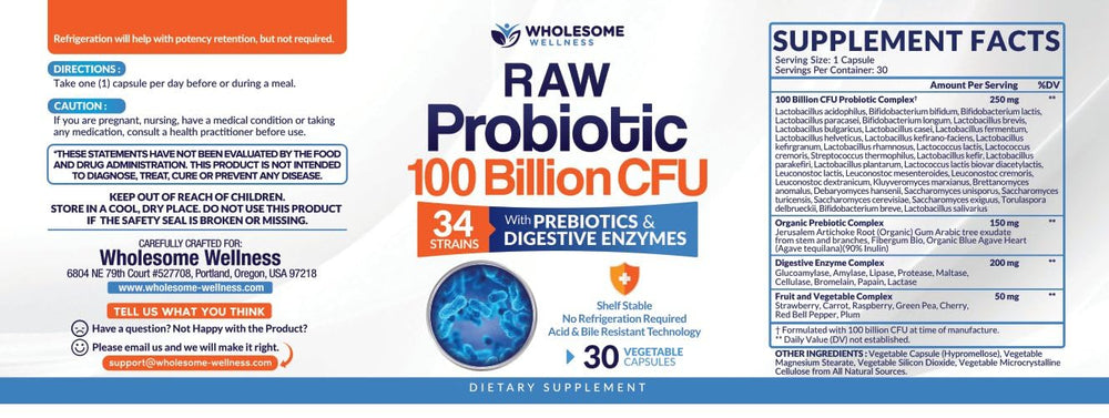 Product label highlighting 34 strains and 3 trillion CFU per bottle