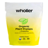 Wholier Creamy Cacao Organic Plant Protein packaging shows clean ingredients for daily shakes.