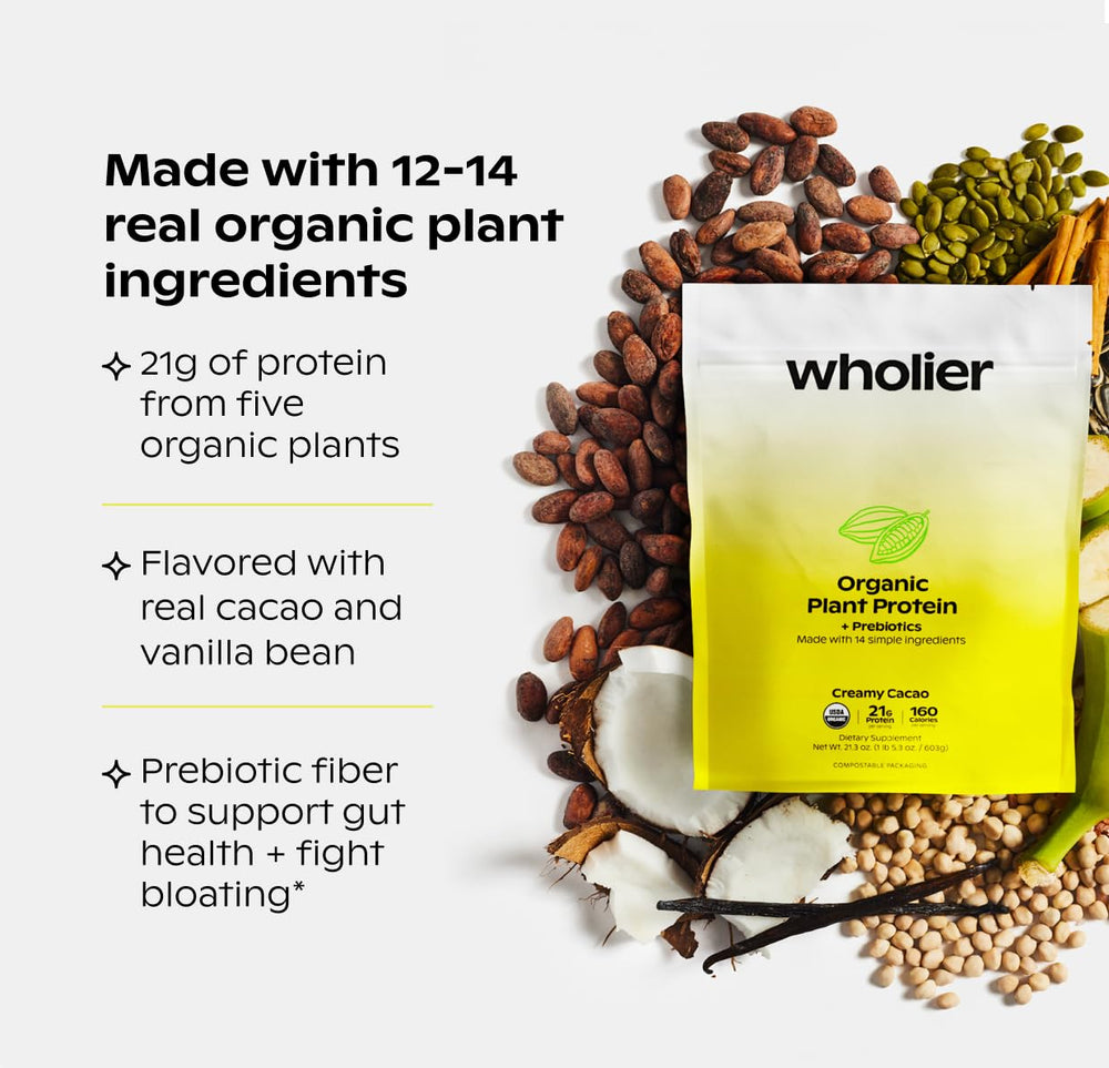 Wholier Vanilla Bean scoop highlighting 21g protein per serving
