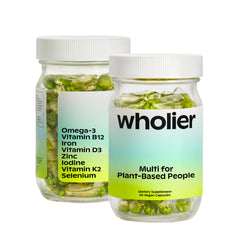 Wholier Plant-Based Multivitamin bottle in a glass bottle