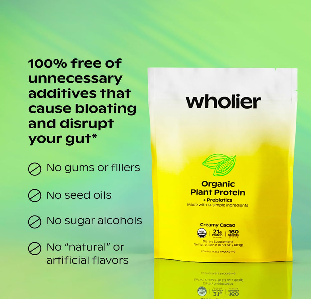 Wholier vegan plant protein scoop demonstrates convenient daily protein paired with prebiotics.