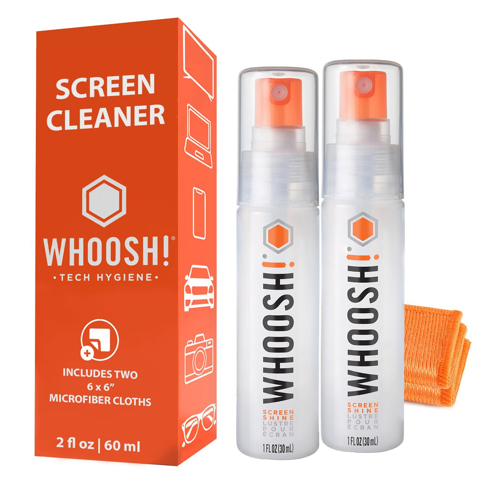Two 1 oz refillable Whoosh Screen Shine Go bottles with microfiber cloth