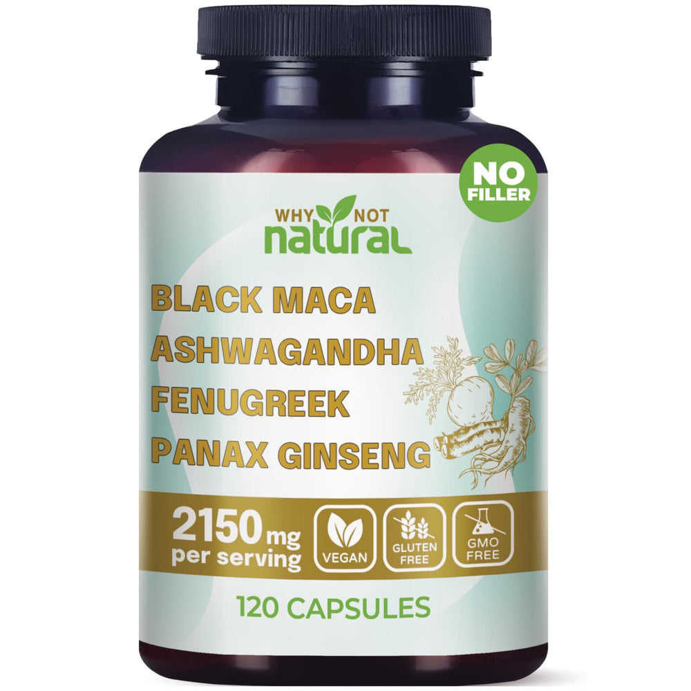Bottle of Why Not Natural 4-in-1 Organic Black Maca, Ashwagandha, Fenugreek and Panax Ginseng capsules