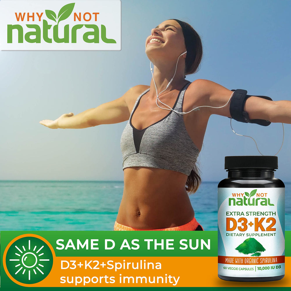 Organic spirulina and Vitamin D3 K2 capsules on a white background