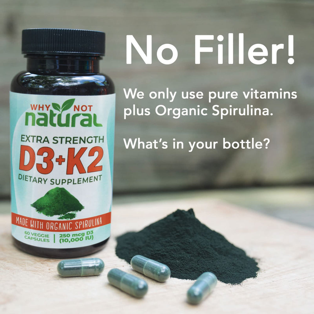 Vegetarian D3 K2 MK-7 capsules in a bottle with label highlighting spirulina