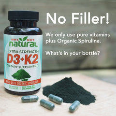 Vegetarian D3 K2 MK-7 capsules in a bottle with label highlighting spirulina